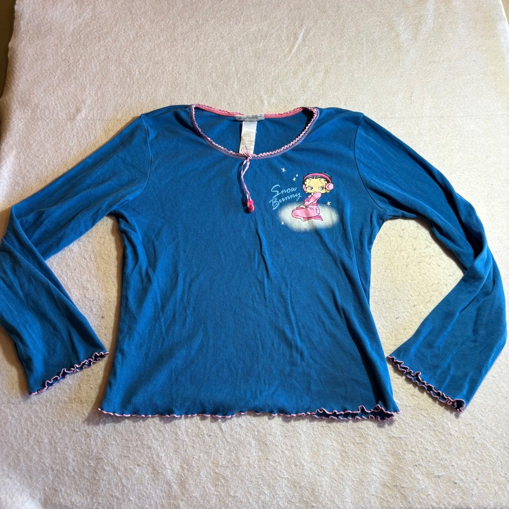 Vintage‎ Y2K Betty Boop Womens Long Sleeve Sleepshirt Snow Bunny Blue Pink Large